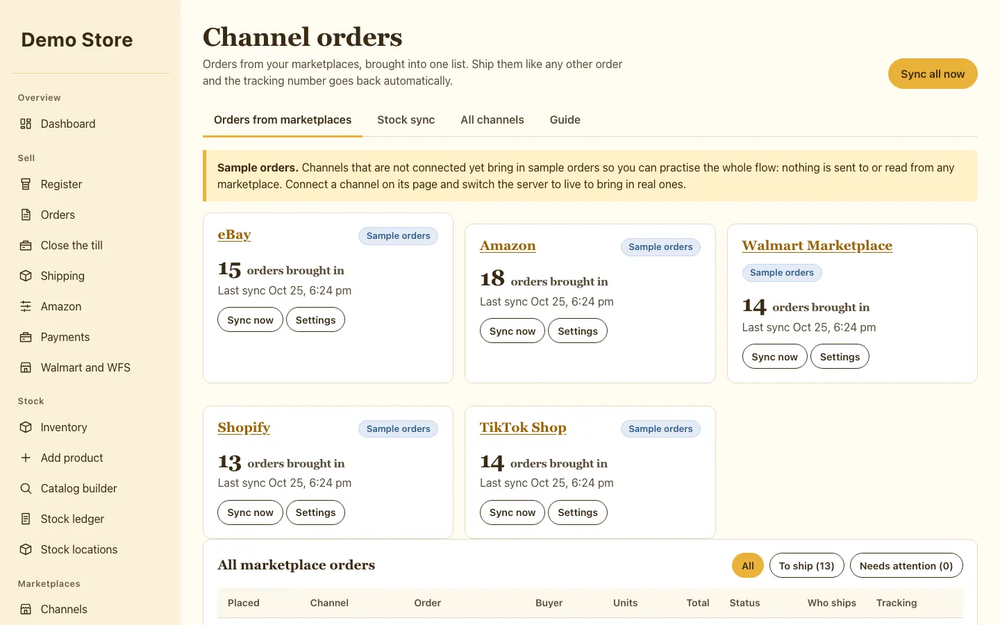 Orders imported from marketplaces into one list, with filters for orders to ship and orders needing attention
