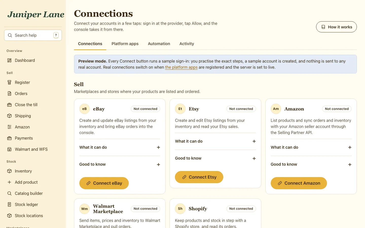 Connection cards where the owner taps Connect, signs in at the marketplace and approves access