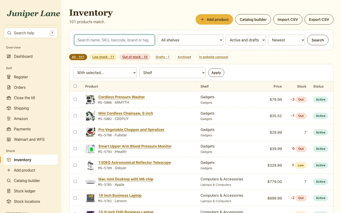 The inventory list with product photos, shelves, prices, stock levels and status filters