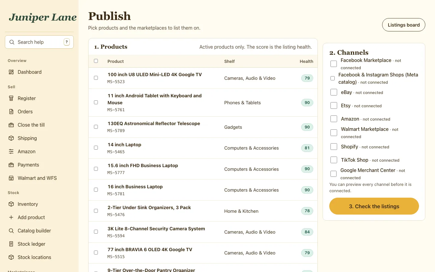 The publish screen where products are chosen and sent to several marketplaces at once