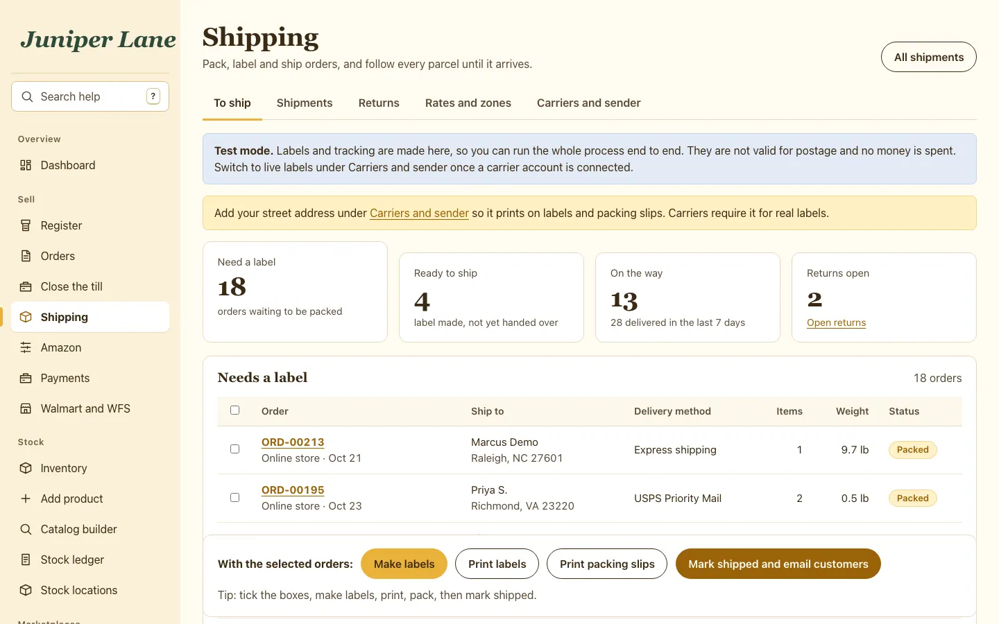 The shipping queue with orders ready for labels, packing slips and tracking