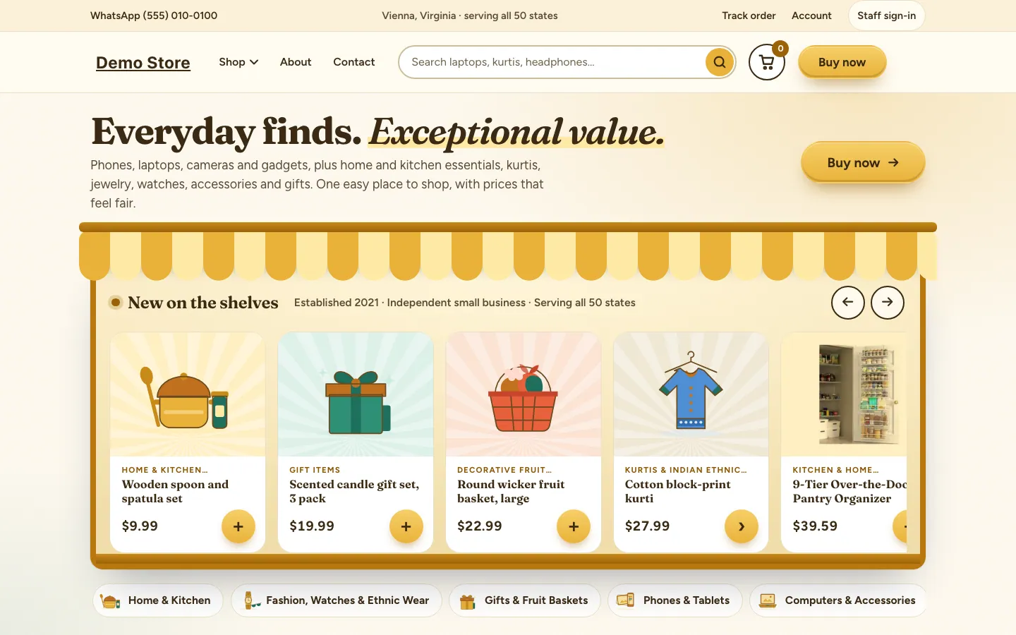 The storefront home page with a carousel of new products and shelf links
