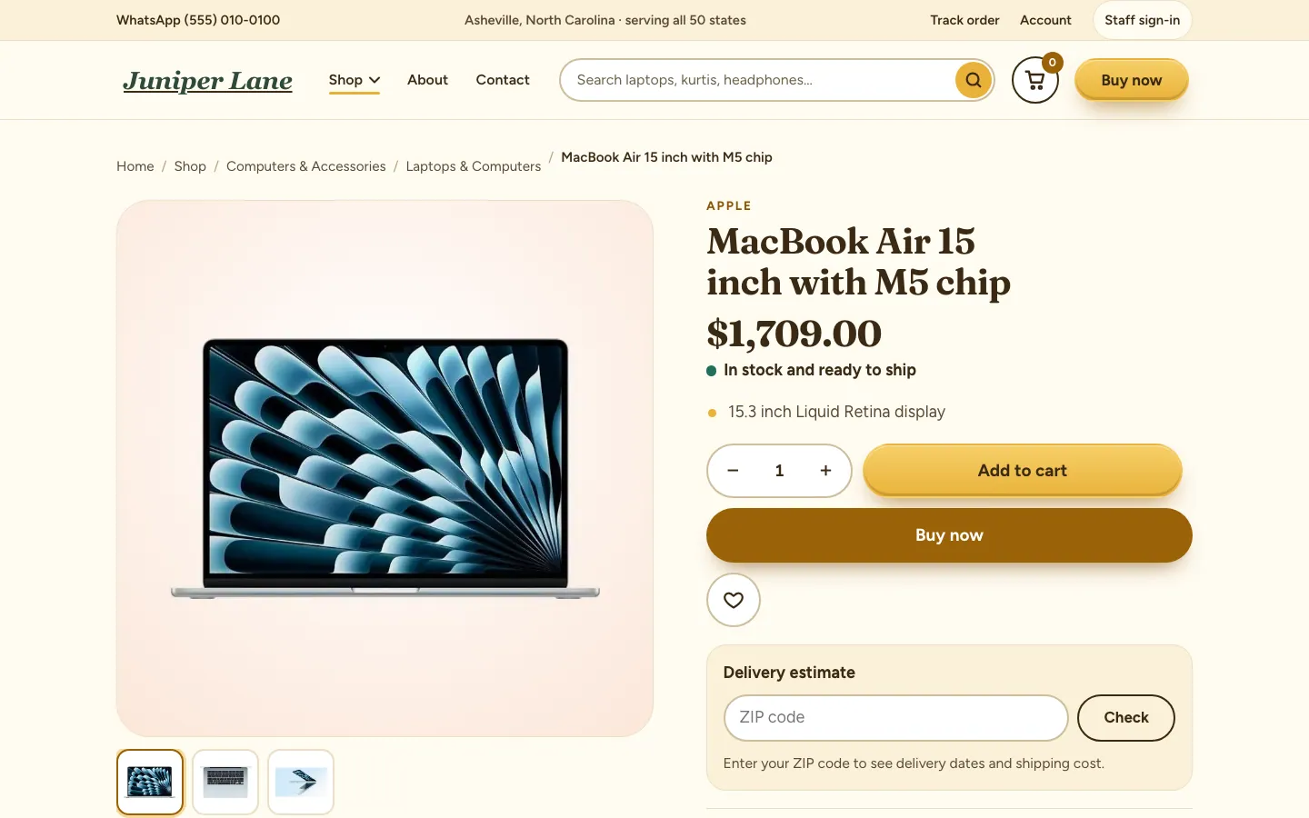 A product page with photo gallery, price, stock status, delivery estimate and add to cart